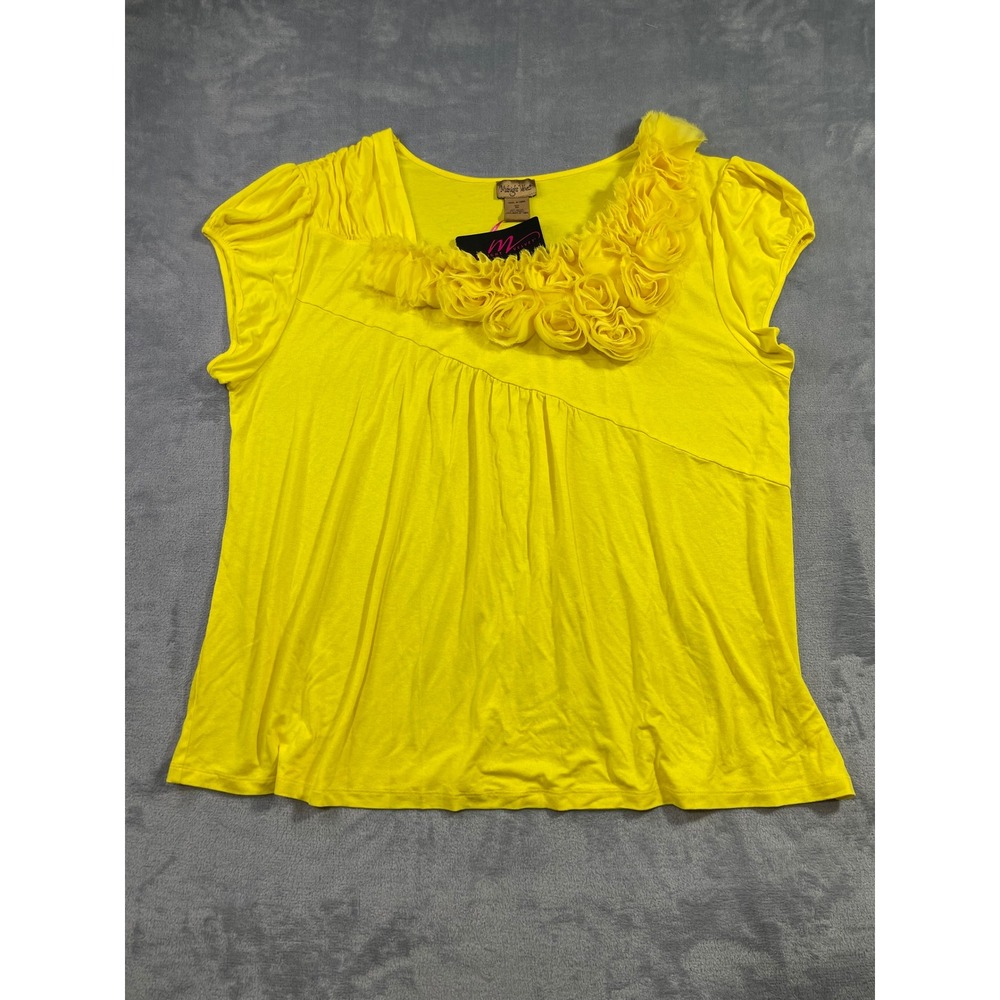 Midnight Velvet Womens 3X Yellow Rosette Neckline Blouse Short Sleeve Top NWT